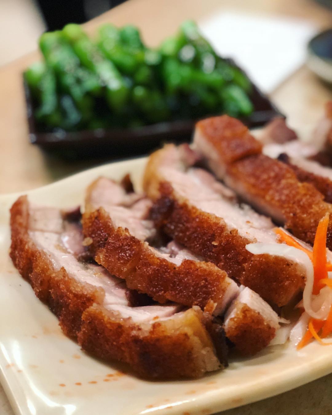Crispy pork belly and Chinese broccoli for dinner this evening.. I’m addicted… I can’t believe that fatty foods help me lose weight; it’s awesome